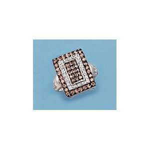 Rhodium Plated Sterling Silver Rectangle Chocolate/Clear CZs Ring, 11 