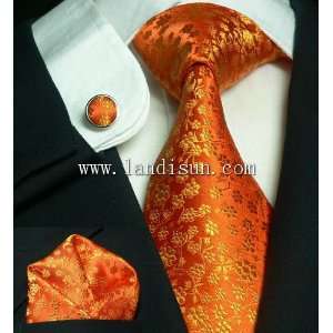   661 FLORAL ORANGE TIE SET:TIE+HANKY+CUFFLINKS: Everything Else