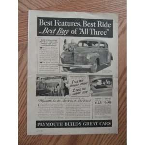 Plymouth cars.1940 print ad (Quality Chart.) Orinigal Magazine Print 
