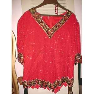  Red Beaded, Jeweled Holiday Top Size 1x 