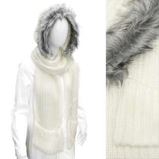 Fur Trim Hood Knit Scarf with Pocket Gray  