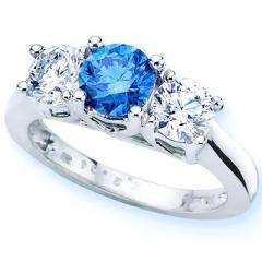 Sterling Silver 3 Three Stone Round Blue Diamond & White Diamond Ring 