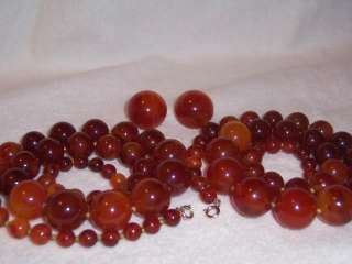 Vtg Chunky Cherry Amber Bakelite Bead 2 Necklace Earrings Set 145g No 