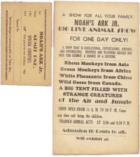 Noahs Ark Jr Circus Antique Handbill Ticket Advertising Rheus Monkey 