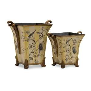  Set of 2 Asian Botanical Cream and Yellow Striped Planters 