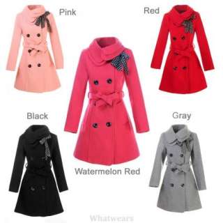 Womens Double Breasted Wool Trench Coat Tops Pink A22  