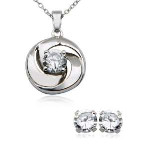 Rhodium Plated Sterling Silver Cubic Zirconia Pendant, 18 and Earring 