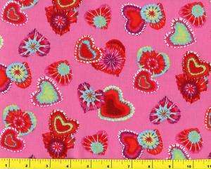 Tye Dye Hearts on Hot Pink Quilting Fabric by Yard 1659  