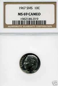 1967 SMS ROOSEVELT DIME ~ NGC ~ CERTIFIED MS69 CAMEO  