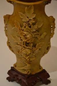   Antique Chinese HARDSTONE JADE Hand Carved VASE with Flowers and Birds