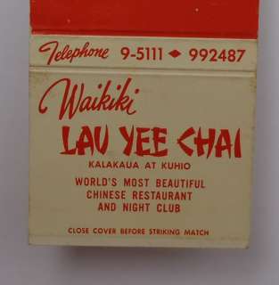 1950s Matchbook Lau Yee Chai Chinese Food Waikiki HI Honolulu Co 