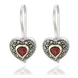  Sterling Silver Marcasite Garnet Heart Earrings Jewelry