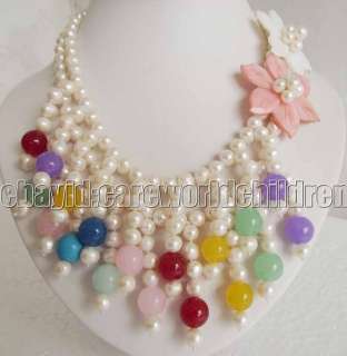 Charming!JL White Pearl Nature Multicolor Jade Necklace  