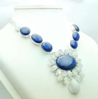 925 STERLING SILVER MOON STONE RAINBOW BLUE LAPIS GEMSTONE NECKLACE 70 
