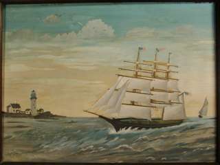Antique 18thC NAVY Frigate SHIP Nautical LIGHTHOUSE Folk Art SEASCAPE 
