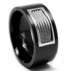   Black Stainless Steel Ring with Twisted Cable Inlay Size 8: Jewelry