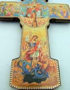   St Michael w Devil Catholic Wood Crucifix Wall Cross Gold Trim  