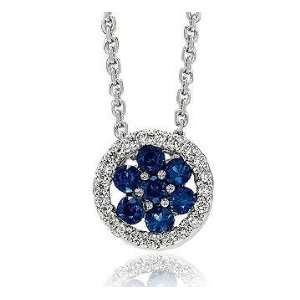  14k White Gold Flower Blue Sapphire Diamond Circle Pendant 