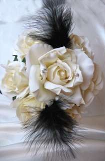 17pc Bouquet wedding flowers IVORY /BLACK FEATHERS  