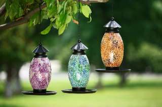 This mosaic glass and metal hanging bird feeder makes a beautiful 