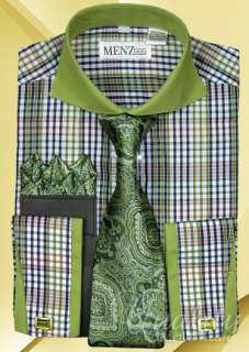   Shirt Tie Set 20 20.5 38/39 Green Multi Plaid Windsor Collar  