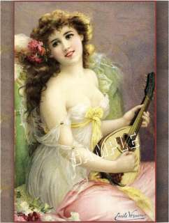 Victorian LADY Playing LUTE Shabby *CANVAS* Art LARGE  