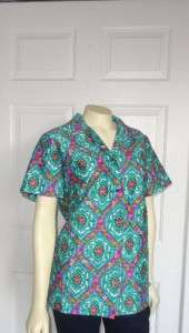 70s MLM Button Down Shirt Blue Green Pink Floral Paisley Too Cute 