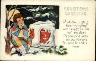 Whitney Christmas Boy in Tree Blanket Moon c1910 Postcard  