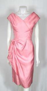 VTG 50s 60s PINK SILK COCKTAIL PARTY WIGGLE DRESS w BEADED HIP DRAPE 