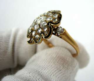 Antique 2.0ct Rose Cut Diamond & Enamel 14K Gold Ring   Size 6.25 