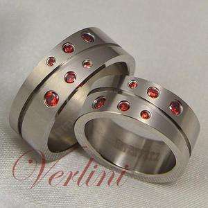 8MM Titanium Rings Matching Set Wedding Bands Round Red Ruby Simulated 