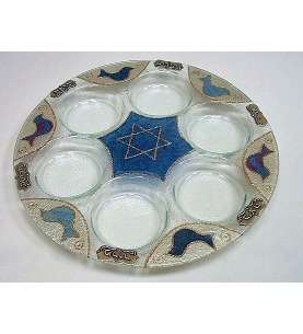 Description Traditional Passover Seder Plate with Blue Dove, Lily Art 