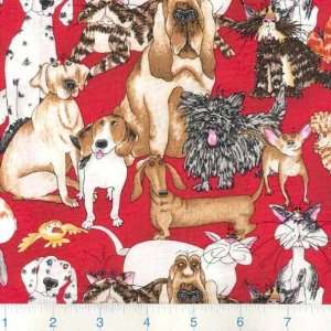  45 Wide Catberry Tails Cats & Dogs Red Fabric By The 