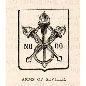 1895 Wood Engraving Seville Spain Espana Coat Arms Torch Flame Symbol 
