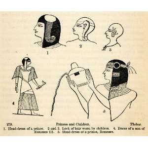  1854 Woodcut Ancient Thebes Egyptian Headdress Hair Prince 