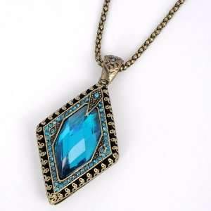   Blue Crystal Gem Stone Square Diamon Pendant Chain Necklace Jewelry