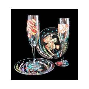 Angel Fish Design   Hand Painted   Matching Set of Toasting Flutes   6 