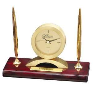  Rosewood Desk Clock with Double Pen Stand 