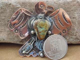 Navajo Indian Copper & Turquoise ThunderBird Pin by Albert Cleveland 