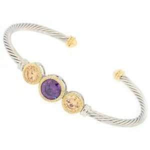  Style Champagne & Amethyst CZ Cable Sterling Silver & Gold Plate 