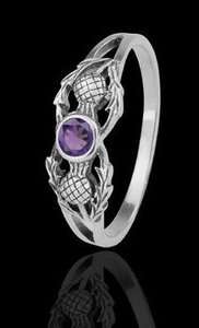 Scottish Thistle Sterling Silver Ring with Amethyst Stone  