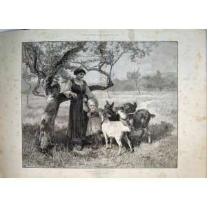   Woman Little Girl Feeding Goats Apple Tree Country