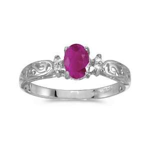  14k White Gold Oval Ruby And Diamond Filagree Ring (Size 4 