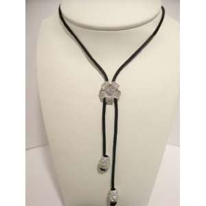  Black Leather Tassel Necklace Pave CZ Center and Ends 