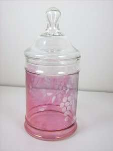 Vintage Pink Glass Apothecary Candy Jar with Lid Grape and Leaf Design 