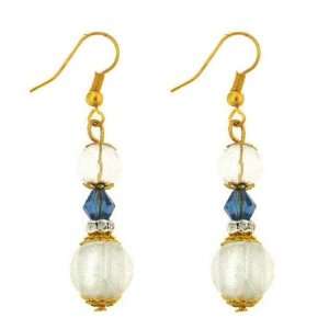  Gold Tone White Glass Bead Drop Earrings: Jewelry
