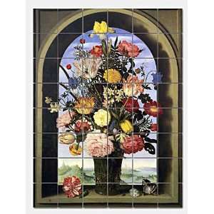  Vase of Flowers by Bosschaert, marble tiled mural 24 x 32 