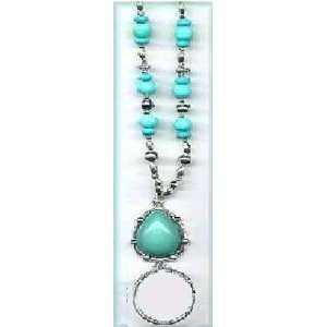 Beaded Lanyard   Turquoise Pendant   Silver Beads 070
