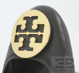 Tory Burch Black Leather Gold Logo Medallion Reva Flats  