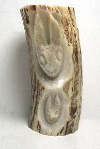 Rabbits In Log Folk Art Carved Stag Horn/ Deer Antler  